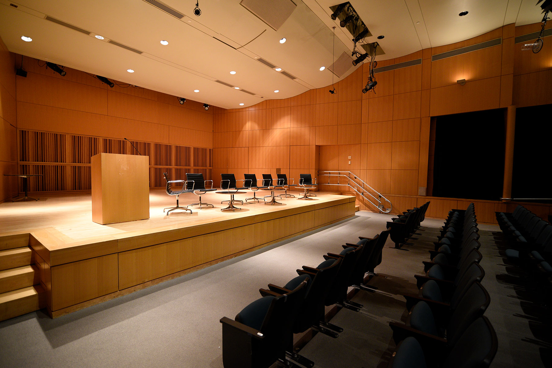 Elebash Recital Hall - Theater Rental in NYC. Front of auditorium - front row seating and stage.